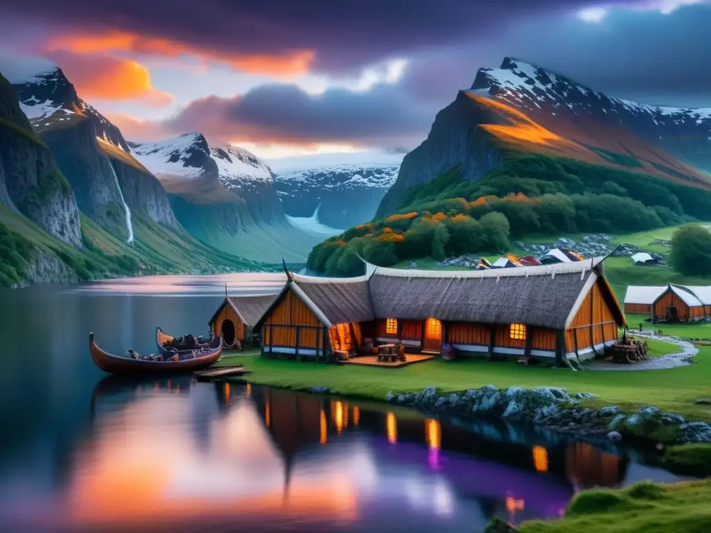 Vikingos en su longhouse: vida y honor en un fiordo épico Saga de Bjarnar Hítdœlakappa: una escena vikinga en un fiordo con montañas nevadas al atardecer