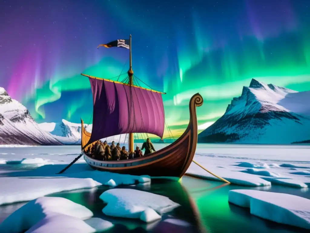 Vikingos navegando bajo la Aurora Boreal con detalle en 8k Saga de Bjarnar Hítdœlakappa sociedad vikinga navegando bajo auroras boreales en aguas heladas