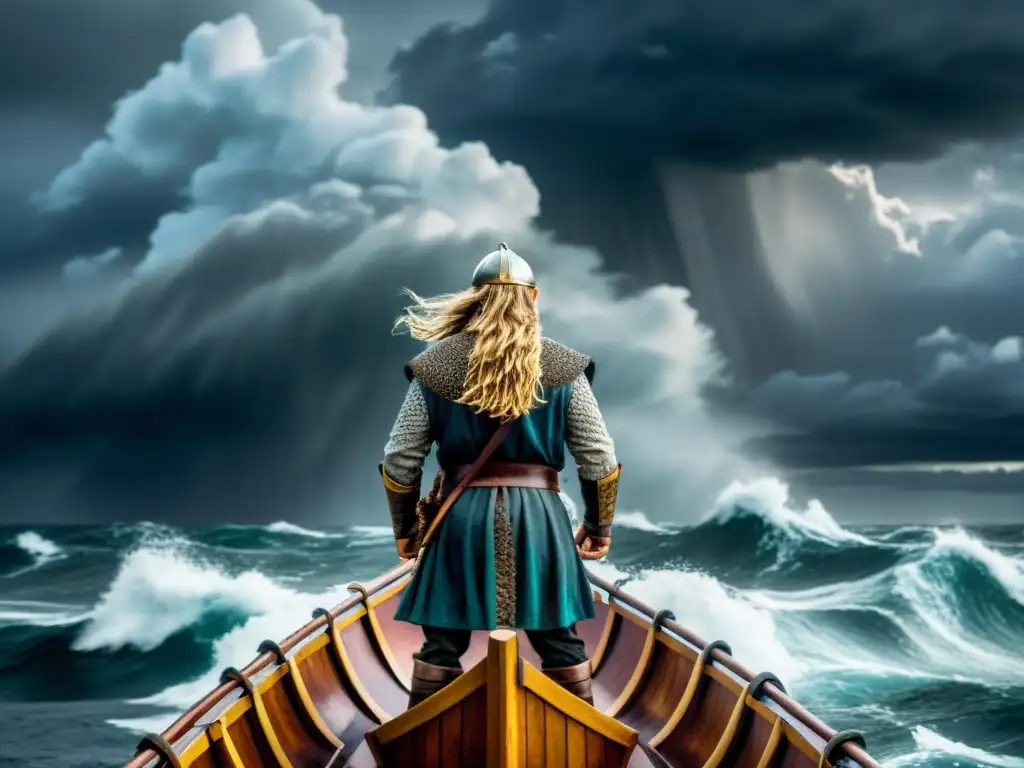 Ilustración épica de Bjarnar Hítdœlakappa navegando en una tormenta vikinga Saga de Bjarnar Hítdœlakappa: sociedad vikinga navegando en tormenta con valentía