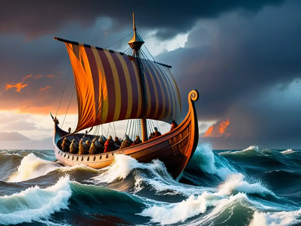 Saga de Ragnar Lodbrok: impacto cultural de la navegación vikinga en aguas tormentosas al atardecer