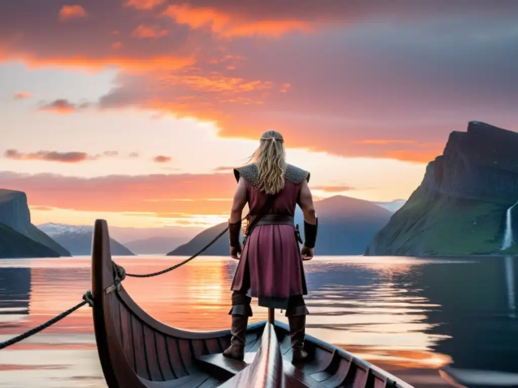 La saga de Cormac vikingo: Un guerrero vikingo contempla un fiordo al amanecer desde su drakkar