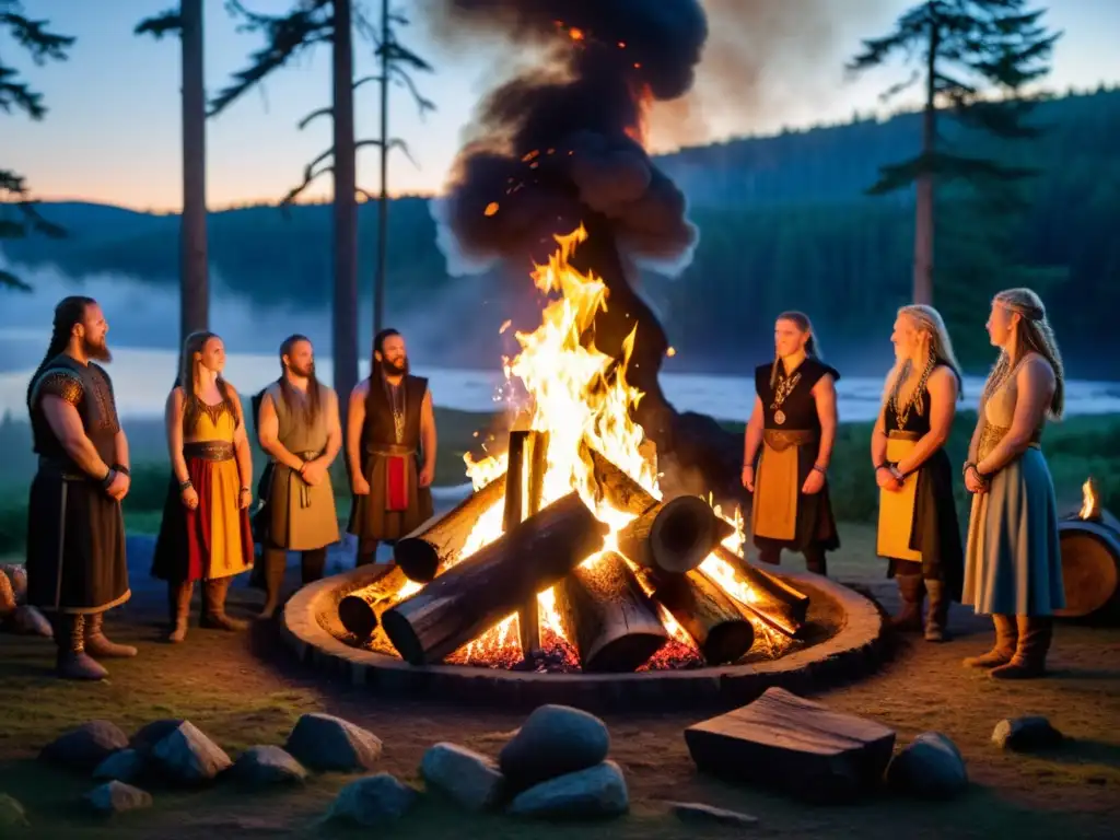 Ritual asatruar alrededor de la hoguera en el bosque al anochecer Celebración sagrada de Asatru en el bosque al anochecer, con fogata y vestimenta nórdica