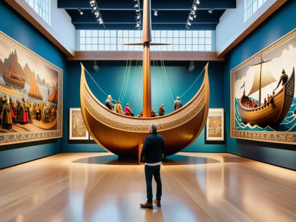 Exposición de arte contemporáneo vikingo: fusión de épocas Una sala de exposición de arte contemporáneo con influencia vikinga: esculturas y pinturas modernas inspiradas en los vikingos