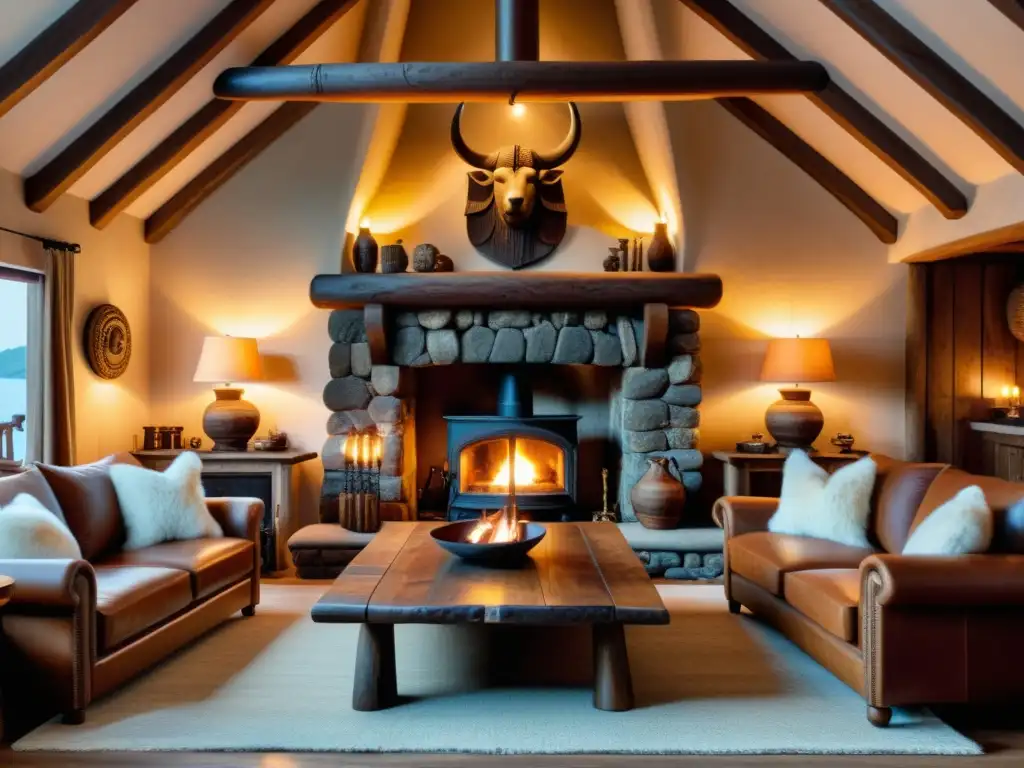 Acogedor salón vikingo en 8k ultradetallado Salón acogedor de estilo vikingo con chimenea de piedra, vigas de madera, sillas de cuero y tapiz de barco vikingo