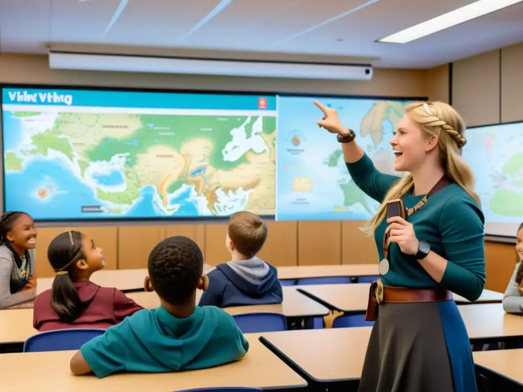 Salón de clase moderno con diversidad de estudiantes atentos a la enseñanza de historia vikinga actualidad en un ambiente dinámico y participativo