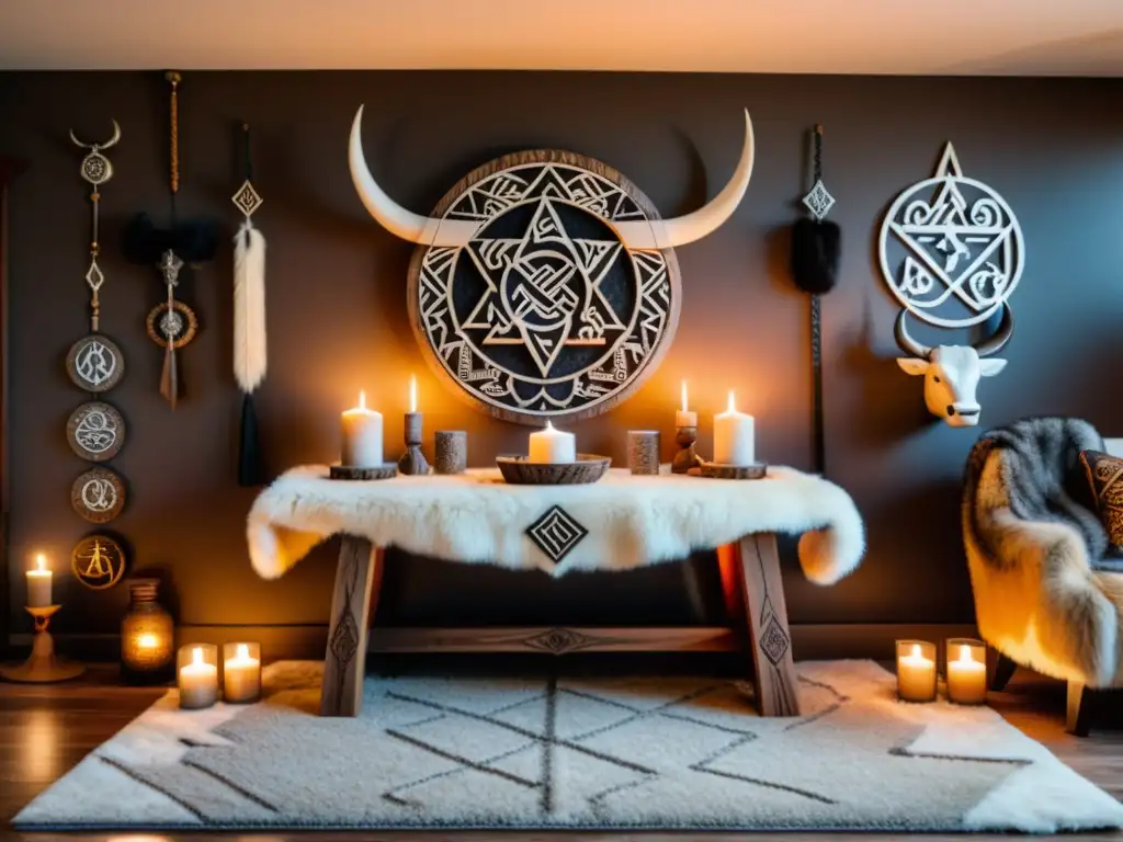 Un salón moderno con un altar vikingo como pieza central, decorado con símbolos y artefactos vikingos, rodeado de velas y runas místicas