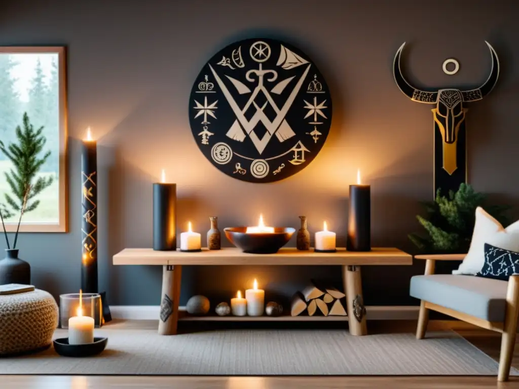 Un salón moderno con un altar vikingo como punto focal