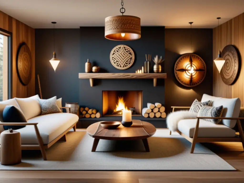 Salón moderno con decoración vikinga: fusión perfecta Salón moderno de estilo vikingo con muebles tallados, pieles y decoración rúnica