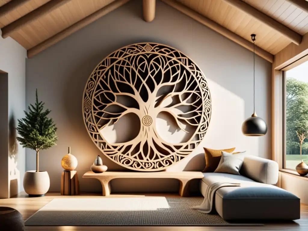 Un salón moderno con un majestuoso Árbol de la Vida vikingo esculpido en madera, rodeado de decoración escandinava minimalista