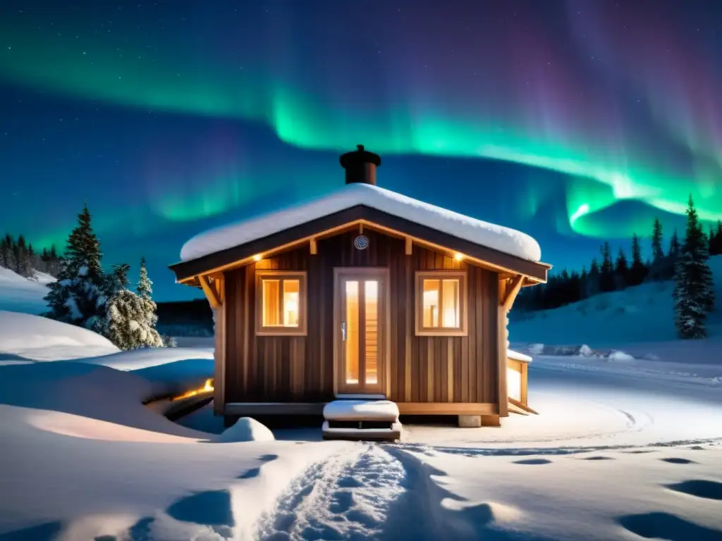 Un sauna nórdico en la nieve iluminado por la aurora boreal, rodeado de bosque nevado