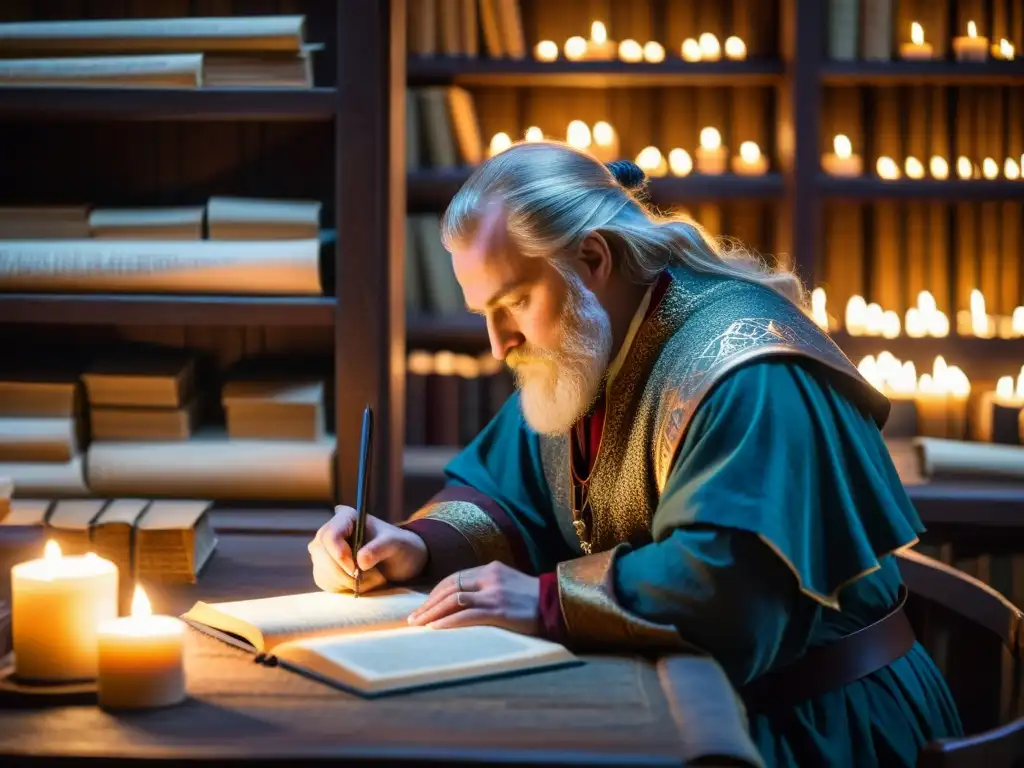 Snorri Sturluson en un scriptorium medieval, escribiendo las crónicas de reyes nórdicos