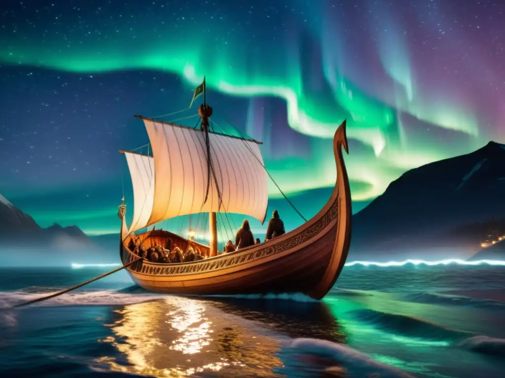 Secretos de navegación estelar vikinga en un largo viaje nocturno bajo las luces del norte