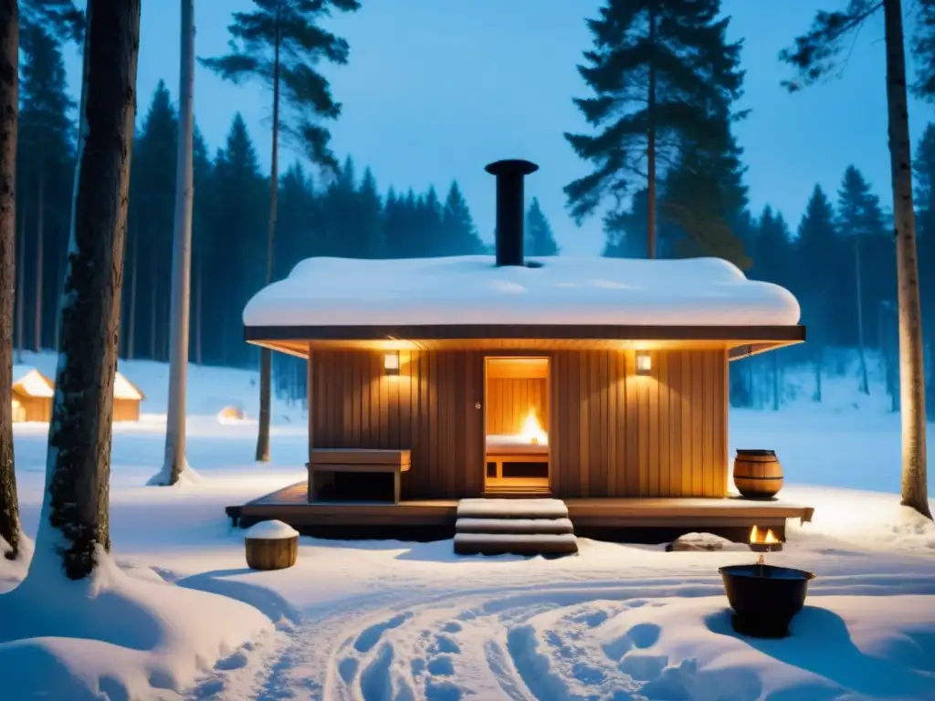 Experimenta los secretos nórdicos para rituales de sauna en un bosque nevado con personas relajadas en una sauna tradicional