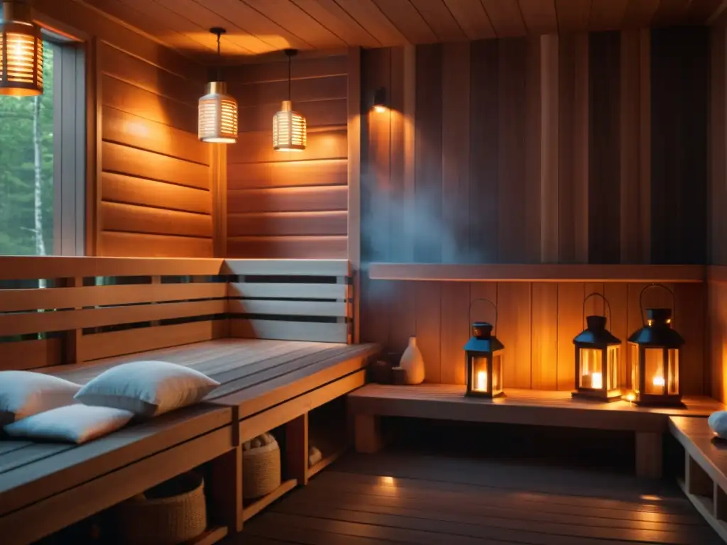 Secretos nórdicos para rituales de sauna: escena pacífica en cabaña de sauna con personas diversas relajadas en vapor y luz cálida de linternas