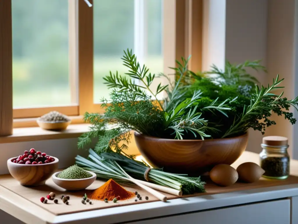 Descubre los secretos de sabor de la cocina nórdica en esta detallada imagen de hierbas y especias en una cocina tradicional