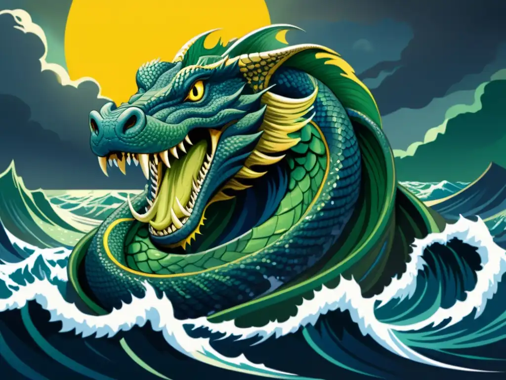 Jörmungandr, la Serpiente de Midgard, en su majestuosidad azul y verde sobre la Tierra, simbolismo vikingo