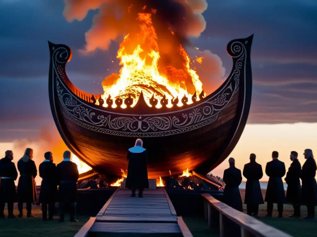 Silueta de un funeral vikingo con barco en llamas y rituales funerarios vikingos recreando vida