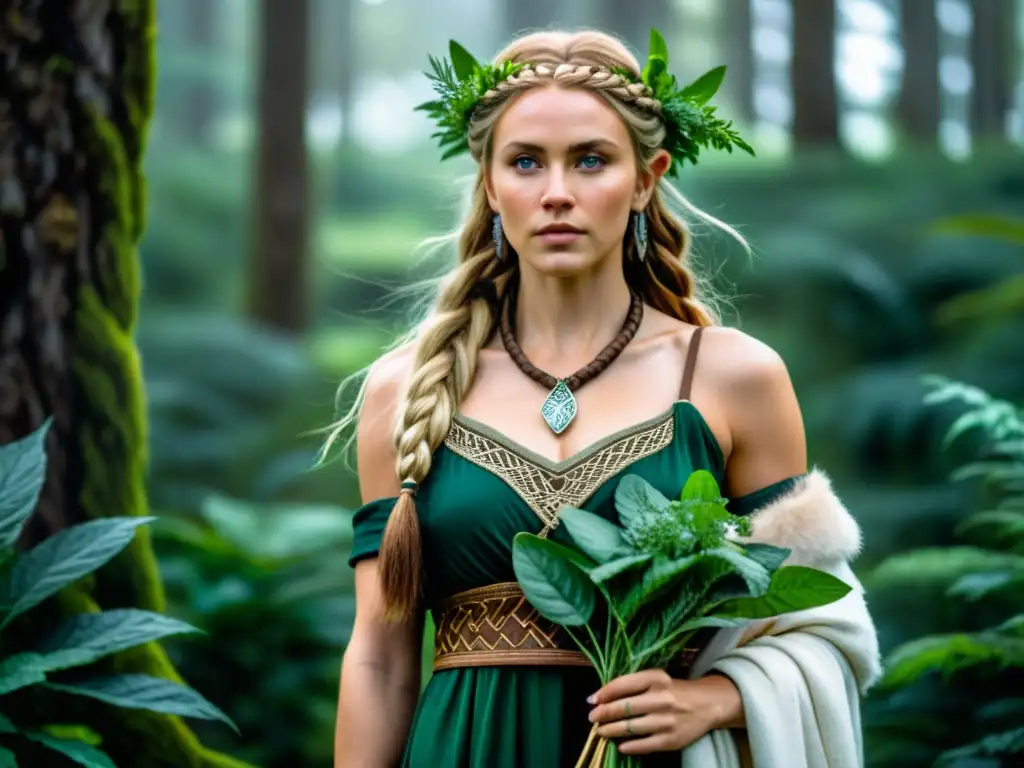 Eir, diosa nórdica de la sanación, en un bosque mágico Simbolismo de Eir, diosa vikinga, en un bosque místico con energía de curación dorada