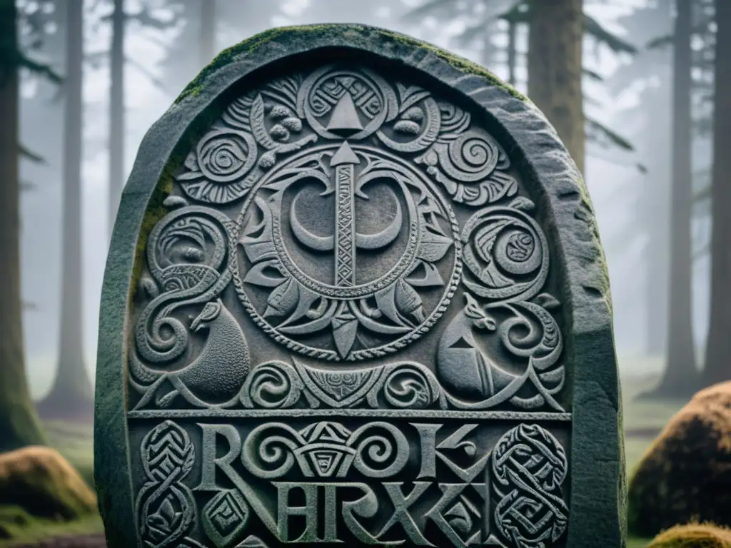 Simbología apocalíptica Ragnarök vikinga en una antigua piedra rúnica entre la neblina del bosque nórdico