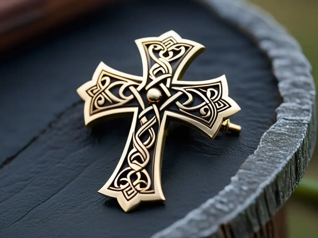 Símbolos entrelazados en joyería vikinga: broche vikingo con cruz cristiana y martillo de Thor, rodeado de intrincado trabajo de filigrana