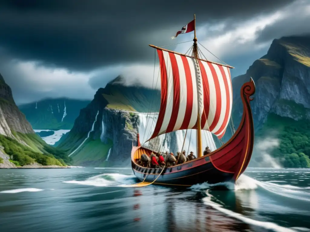 Simuladores históricos vikingos para móviles: Un barco vikingo detallado surca un fiordo mientras guerreros navegan entre montañas y cielo tormentoso