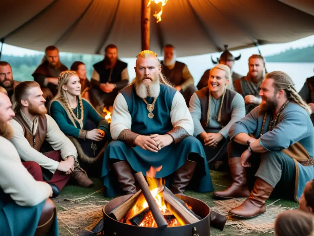 Un skald vikingo cuenta historias alrededor de una fogata a oyentes cautivados en paisaje nórdico