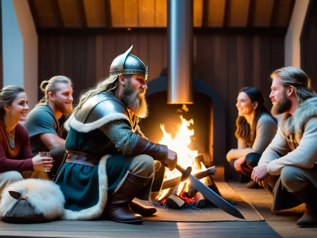 Un skald vikingo cuenta historias junto al fuego en un salón sombrío, destacando la importancia skaldos conservación historia vikinga