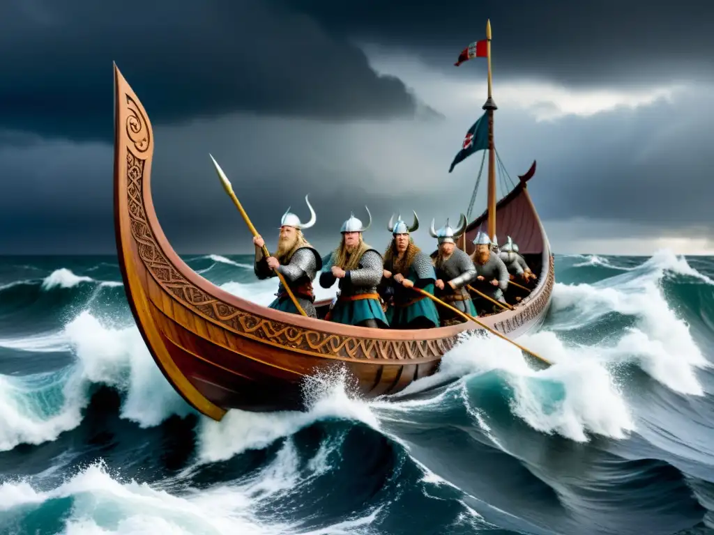 Un Skald vikingo inspira a su tripulación con una saga épica mientras navegan en un drakkar por aguas turbulentas