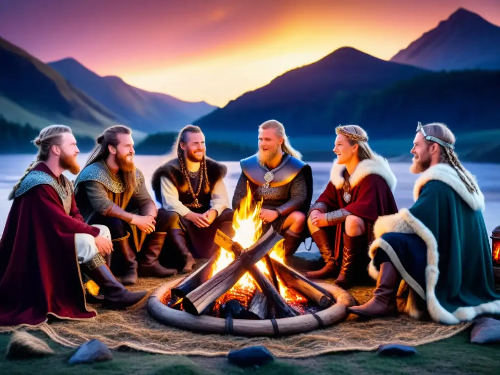 Los Skalds en la era vikinga reunidos alrededor de una fogata, recitando antiguas sagas bajo las estrellas