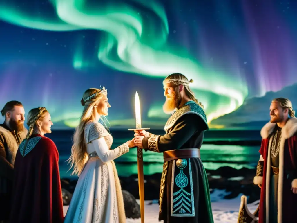 Soberbia ceremonia de matrimonio vikingo bajo la aurora boreal, destacando la importancia del matrimonio en vikingos