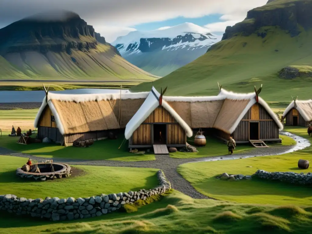 Una sociedad vikinga en Islandia se reúne en una casa larga entre montañas nevadas