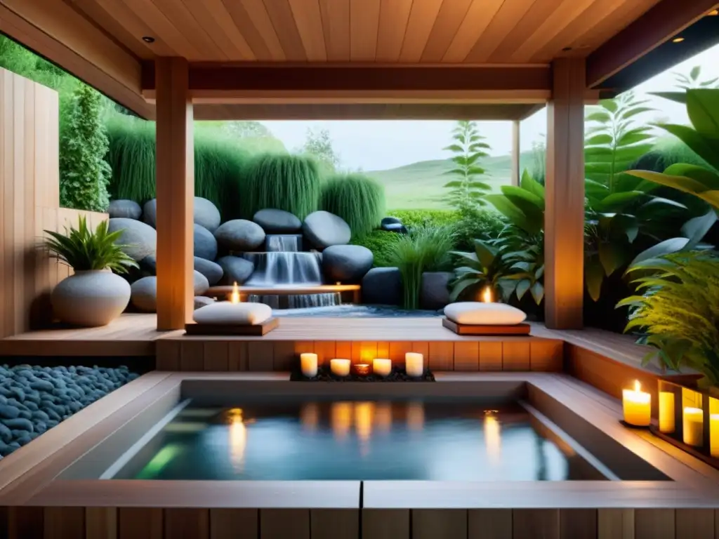 Un spa sereno con influencias nórdicas: bañera de madera rodeada de vegetación, cascada y accesorios spa vikingo baño