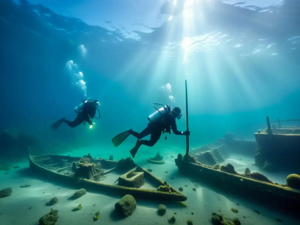 Exploración submarina de un barco vikingo hundido, con buzos descubriendo artefactos antiguos en la penumbra