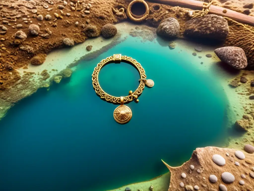 Exploración submarina de joyería en entierros vikingos con detalles preciosos en aguas turbias