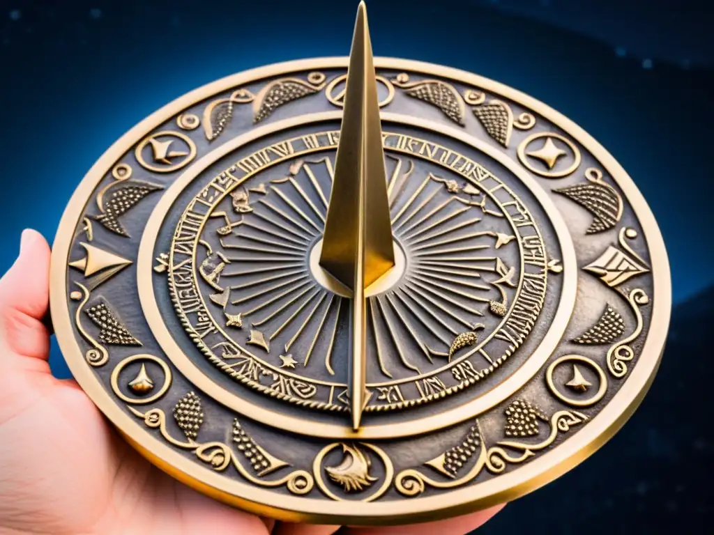 Sundial vikingo de bronce con intrincadas tallas, reflejando la precisión y conocimiento celestial en la navegación vikinga y su legado astronómico