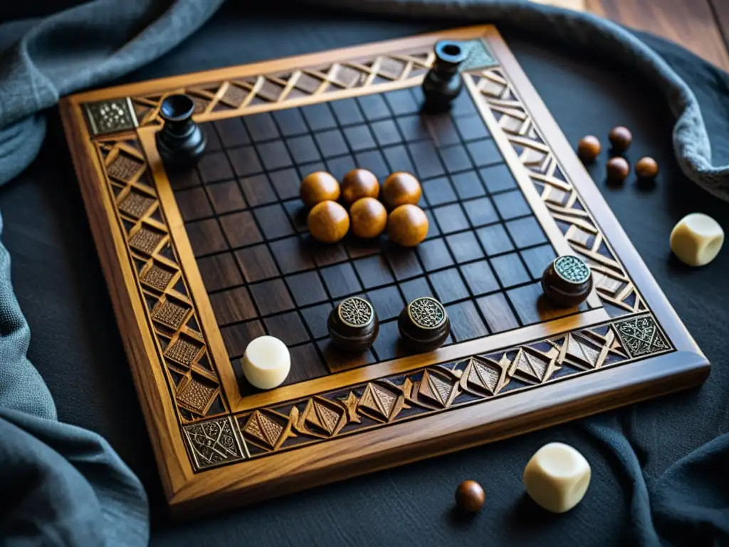 Un tablero de Hnefatafl tallado con diseños vikingos, piezas de madera y metal