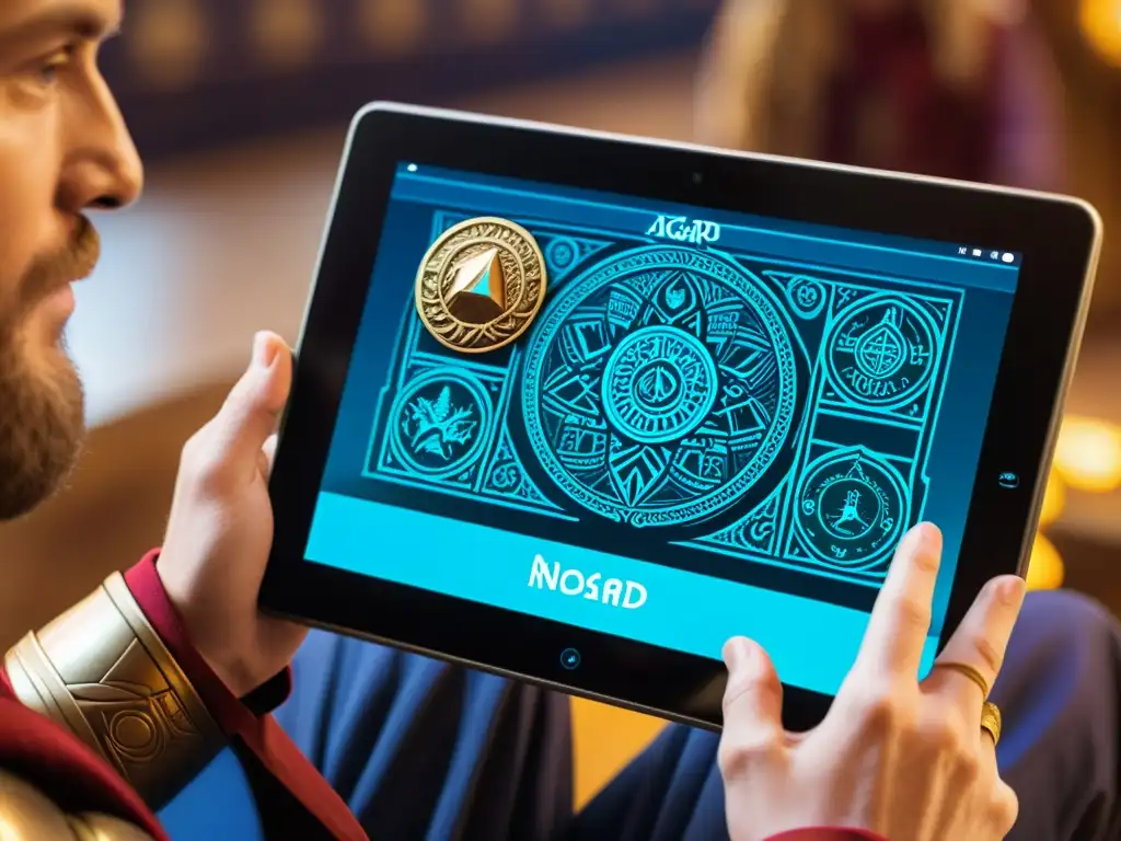 Tableta digital con app de mitología nórdica: Thor y Odin en Asgard