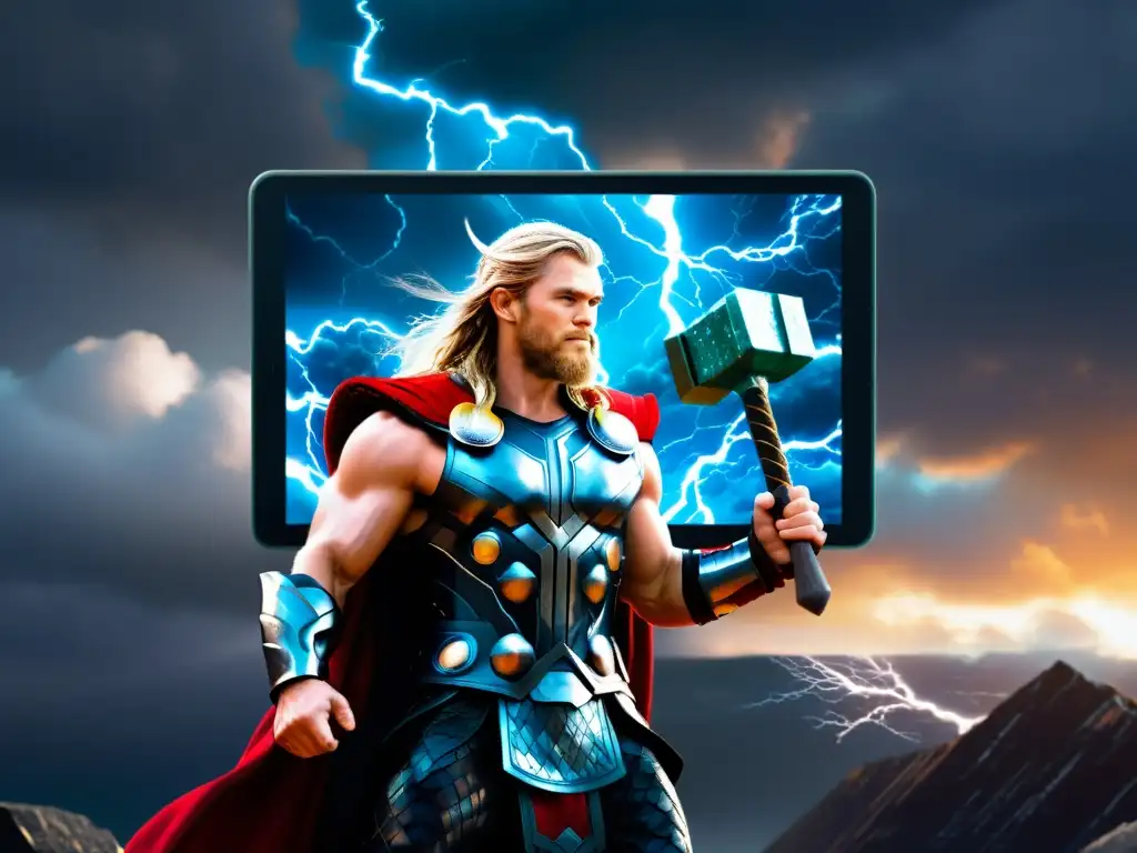 Tableta digital muestra a Thor, dios nórdico del trueno con su martillo Mjölnir en paisaje digital