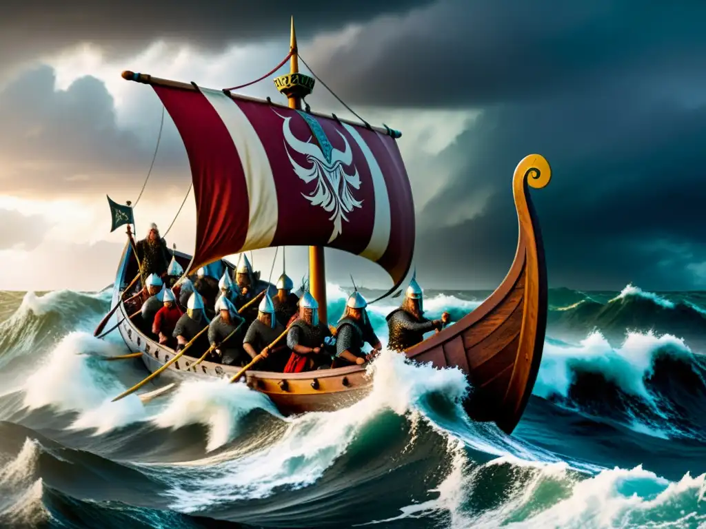 Táctica de supervivencia en la era vikinga: Vikingos en su barco enfrentando una tormenta marina mientras reman con determinación