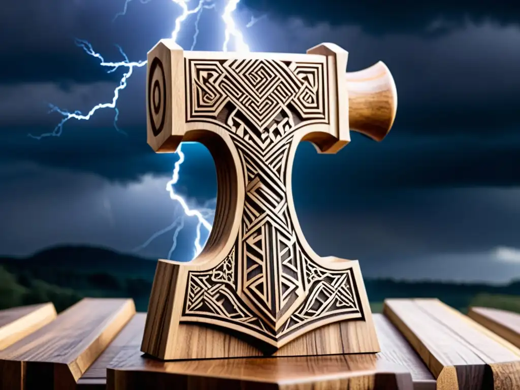 Esculpido detallado del martillo de Thor en paisaje nórdico Una talla detallada e intrincada del Martillo de Thor en la cultura vikinga, con patrones nórdicos y un paisaje tormentoso al fondo