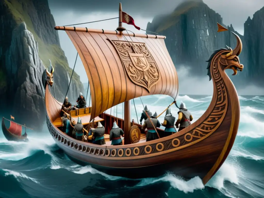 Épica navegación vikinga en The Elder Scrolls Online Una talla de madera detallada de un barco vikingo surcando mares tormentosos en Tamriel