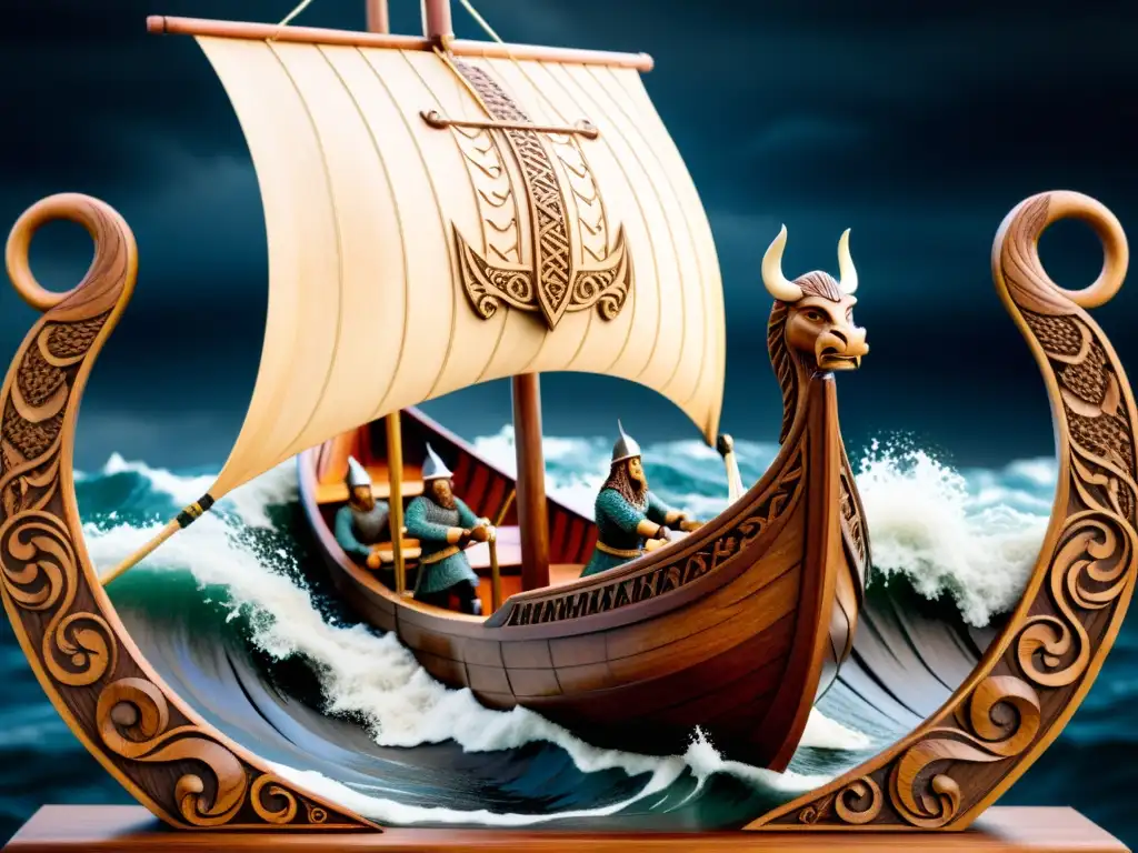 Escultura detallada de un drakkar vikingo en alta mar Talla de madera detallada de un drakkar vikingo navegando en mares tempestuosos, resaltando el Comercio de madera en era vikinga