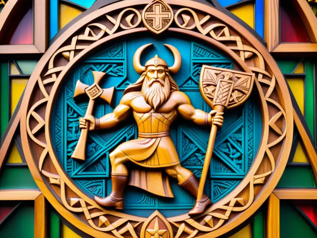 Talla de madera detallada con Odin y el martillo de Thor, entrelazando mitología nórdica y simbología cristiana