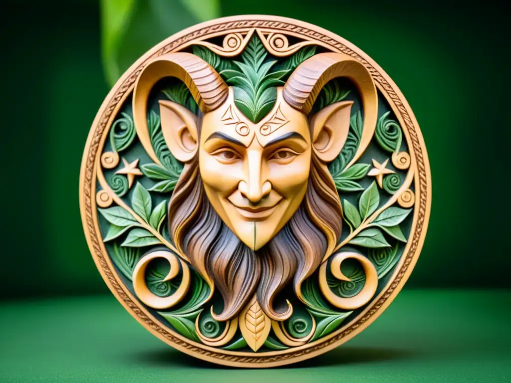 Talla de madera detallada de Loki, dios nórdico travieso, con paisaje de bosque