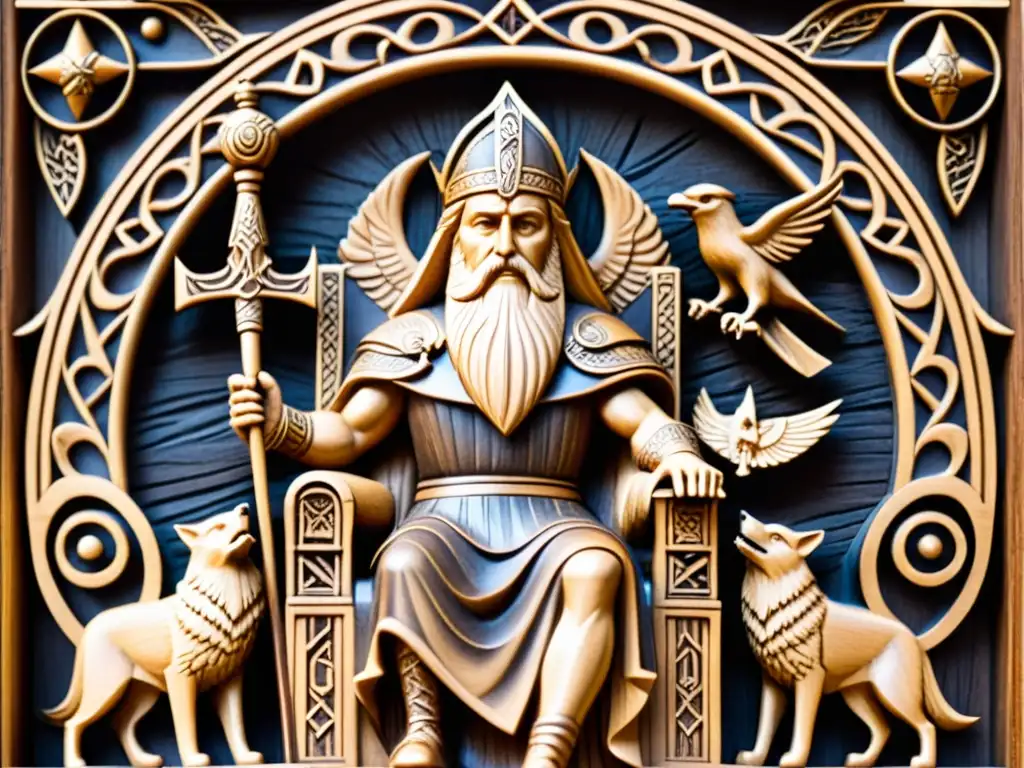 Talla de madera detallada de Odin en su trono en Asgard, rodeado de sus animales, evocando la adivinación en la era vikinga