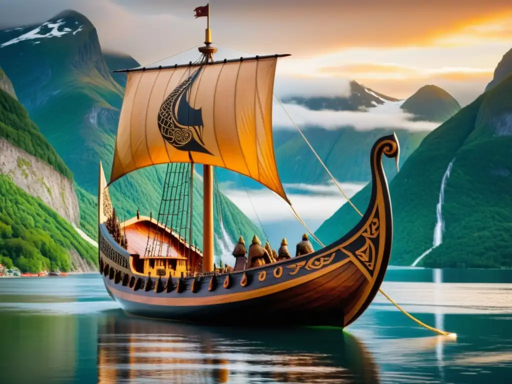 Una talla de madera detallada de un drakkar vikingo, exhibiendo el arte y la destreza de la construcción de barcos vikingos en un fiordo al amanecer