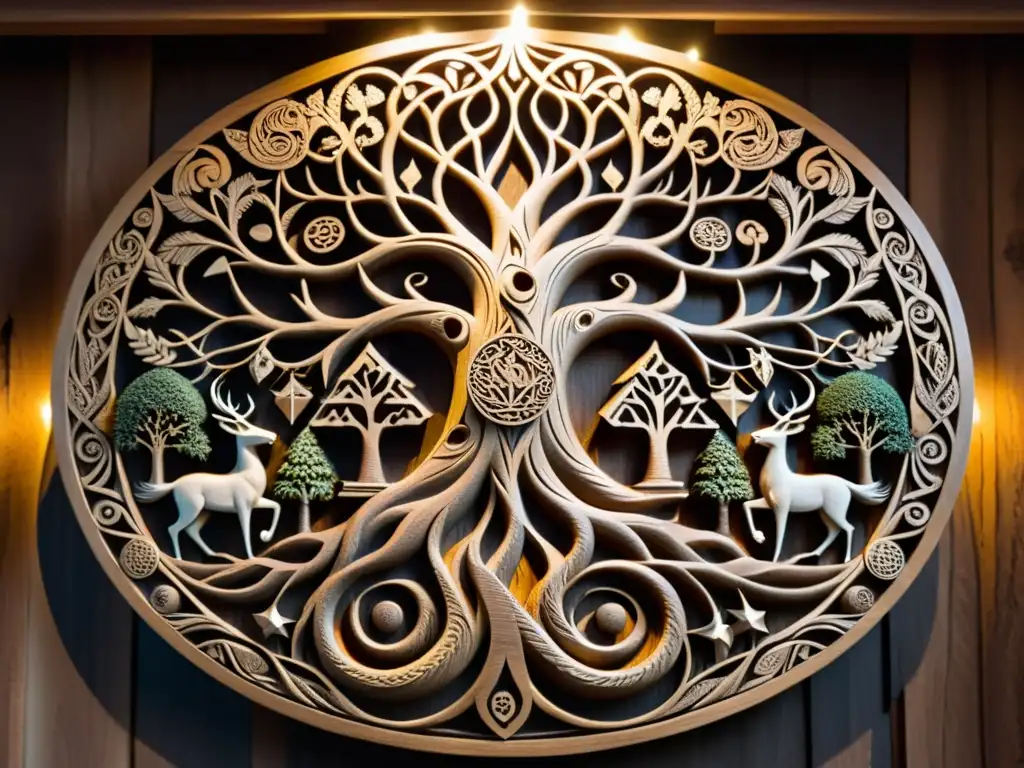 Una talla de madera detallada de Yggdrasil, el Árbol del Mundo de la mitología nórdica, en una casa vikinga iluminada por antorchas