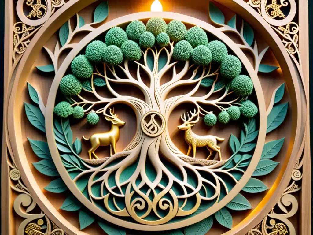 Una talla de Yggdrasil, el Árbol del Mundo, con dioses nórdicos y criaturas míticas entre sus ramas, en un bosque encantado