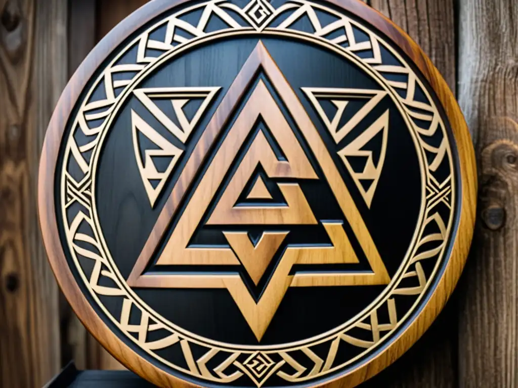Tallado en madera simbología vikinga: Escudo vikingo tallado con símbolos como el Valknut, Mjolnir y Yggdrasil