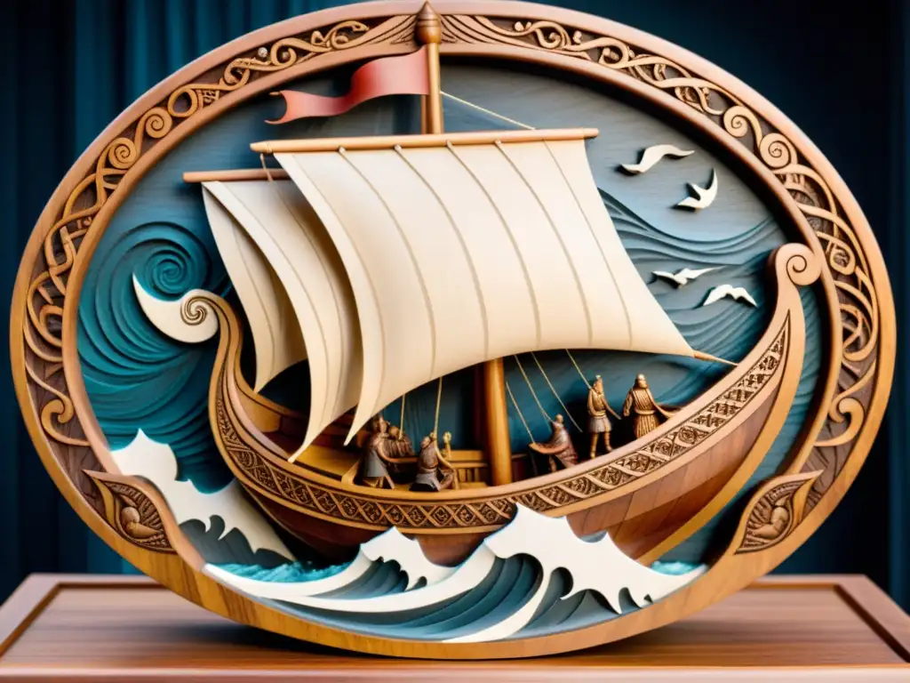 Tallado en madera simbología vikinga: Detallado barco vikingo surcando mares tormentosos